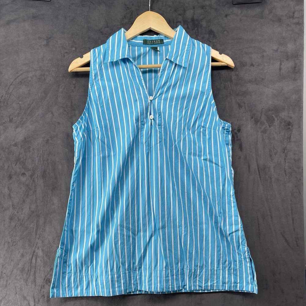 Lauren Ralph Lauren Women's L Blue Striped Sleeveless Button Front Top Shirt
